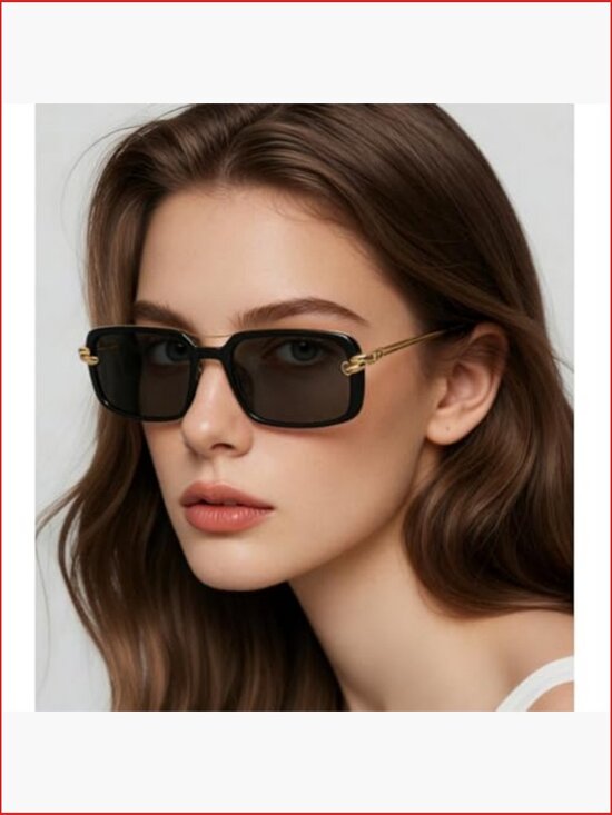 Retro Rectangle Sunglasses for Women Vintage 90S Rectangular Gold Metal Frame